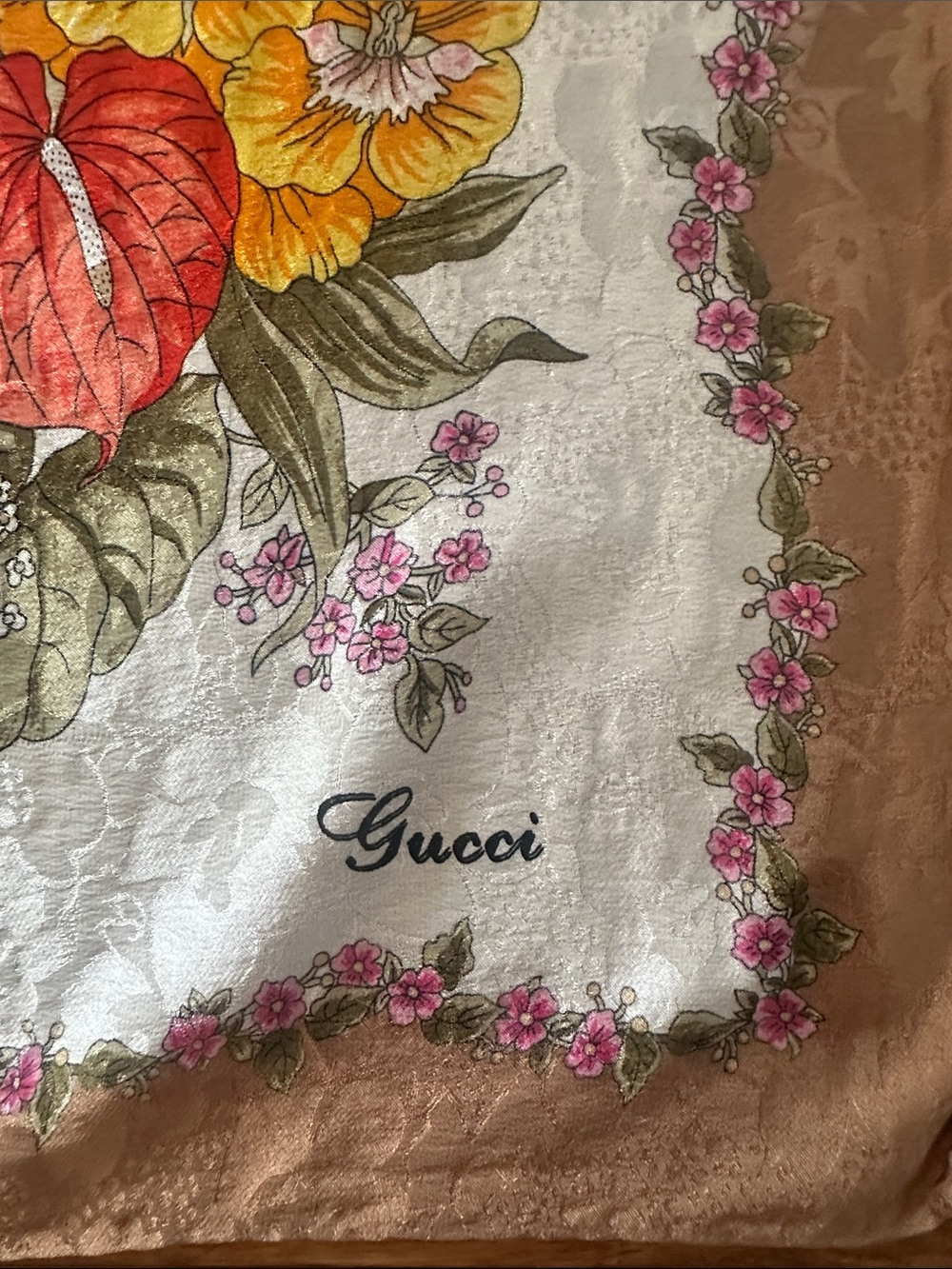 Gucci Floral Botanical Silk Scarf in Cream, Red, Pink, Yellow, Green
